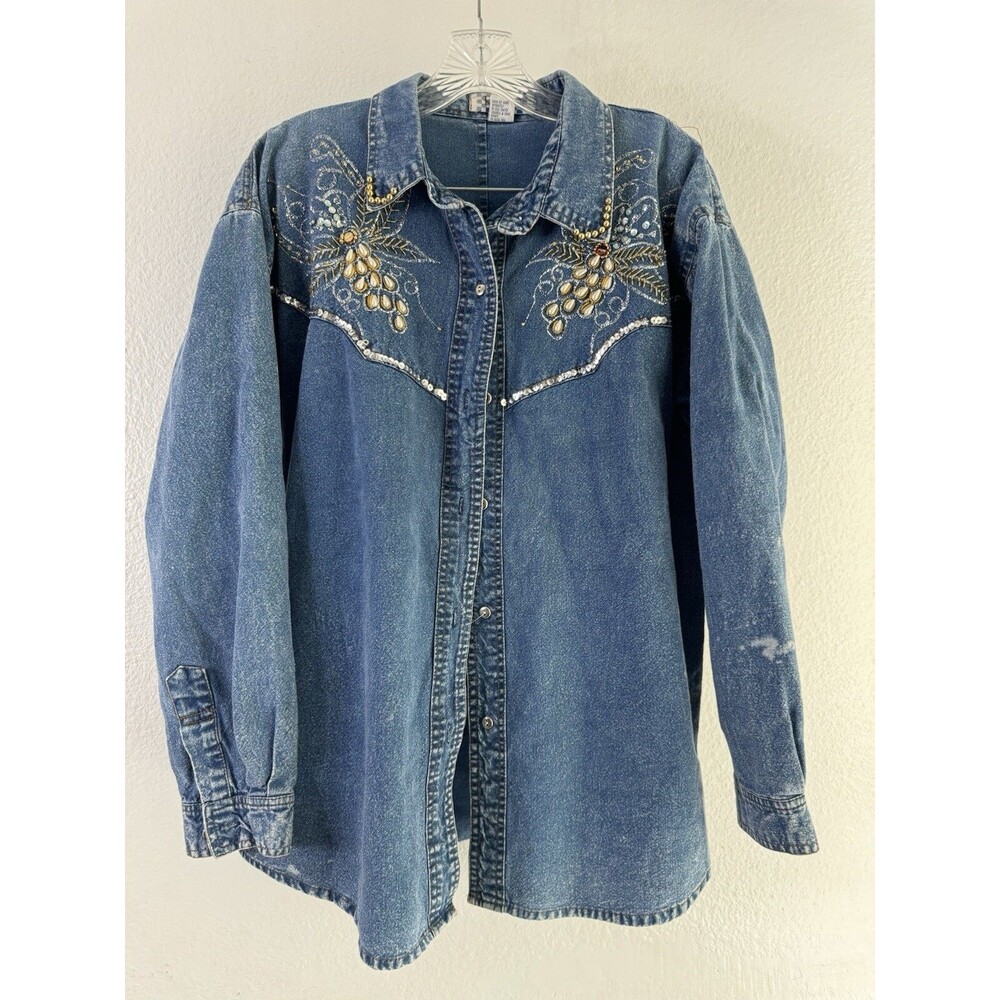 Vintage Pretty Bleu Women's Denim Jean Acid Wash Embellished Shirt Large Pearls